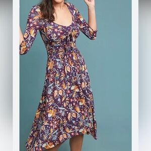 Maeve Anthropologie Beloved Purple Floral Tie Chest Stretch Dress large